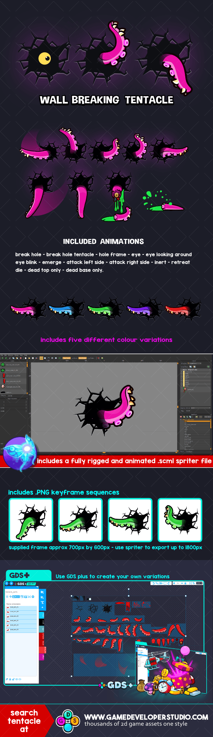 Animated a wall breaking tentacle game sprite