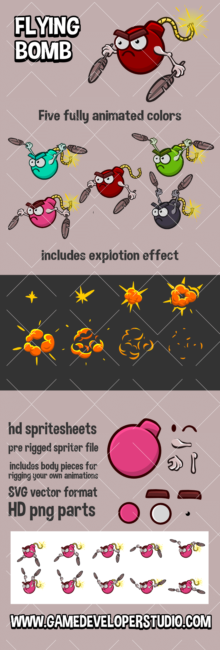 Animated flying bomb 2D game asset