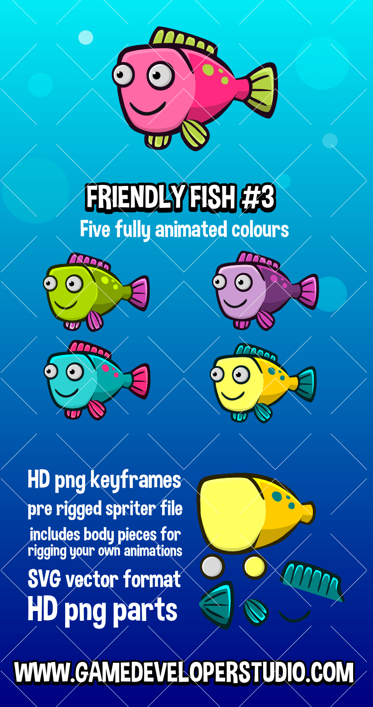 Animated friendly fish 3 2d game asset