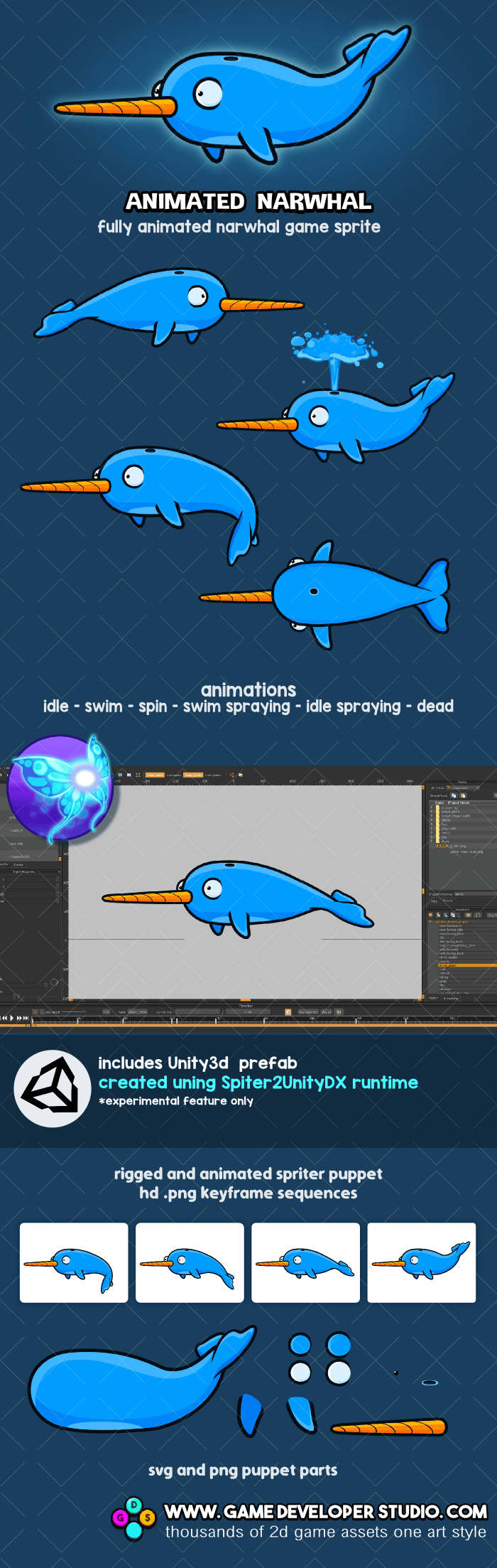Animated narwhal game sprite