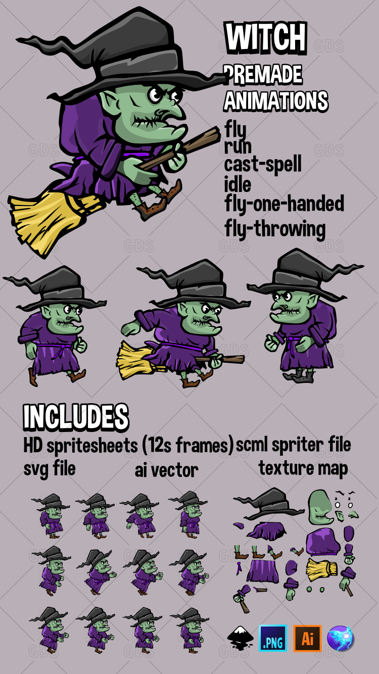 Animated witch 2d game asset
