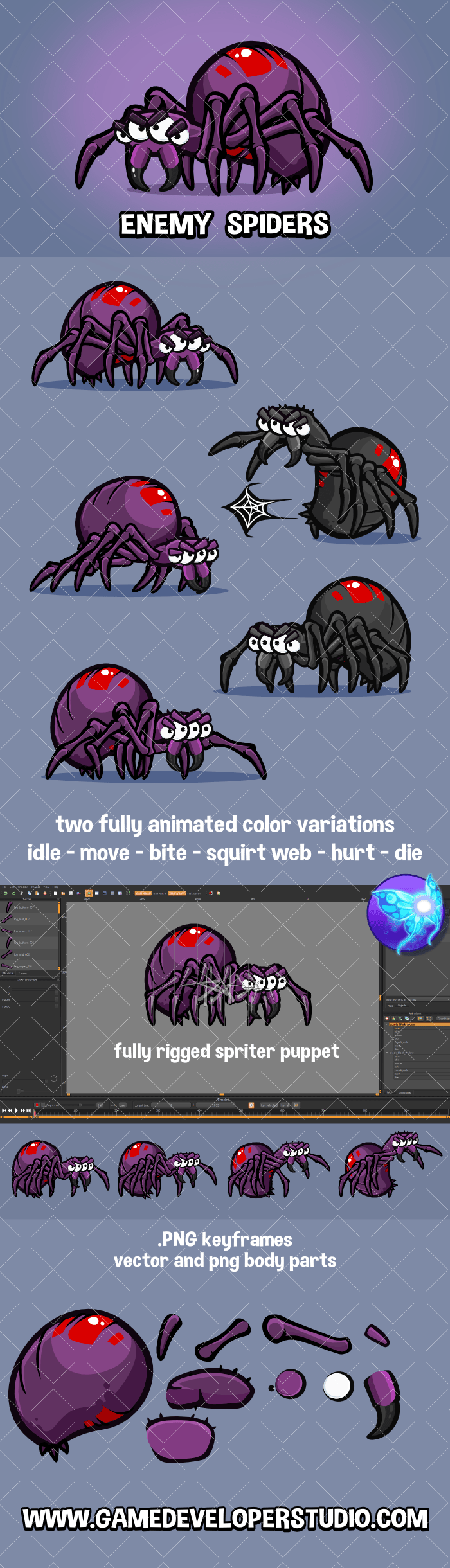 Enemy black widow spider game asset