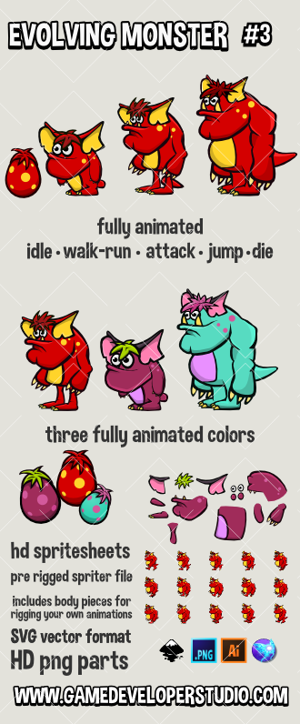 Evolving monster 2d game asset