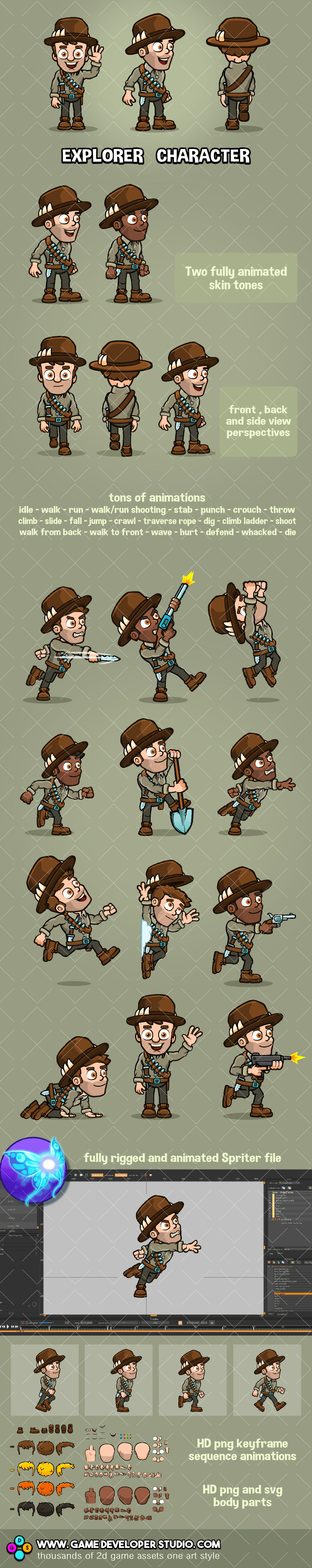 Explorer character animated game sprite