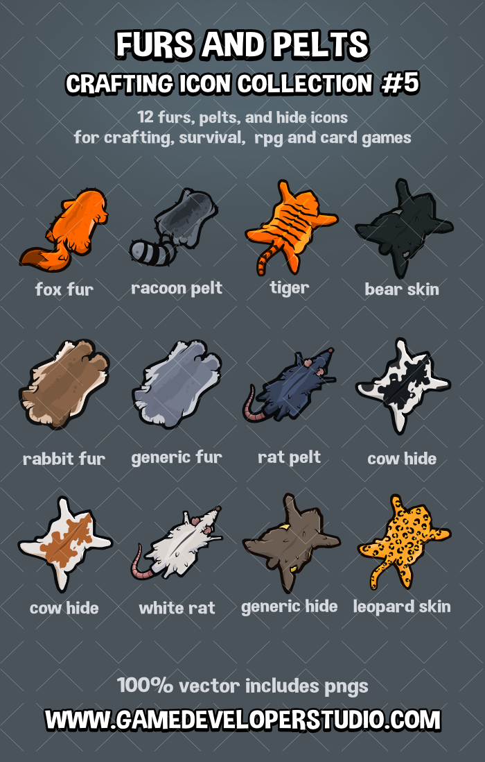 Furs hides and pel icons for crafting games