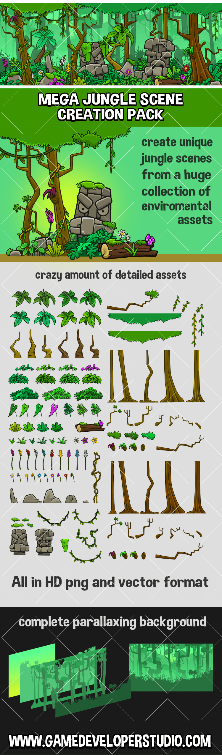 Mega jungle scene construction 2d game asset pack 