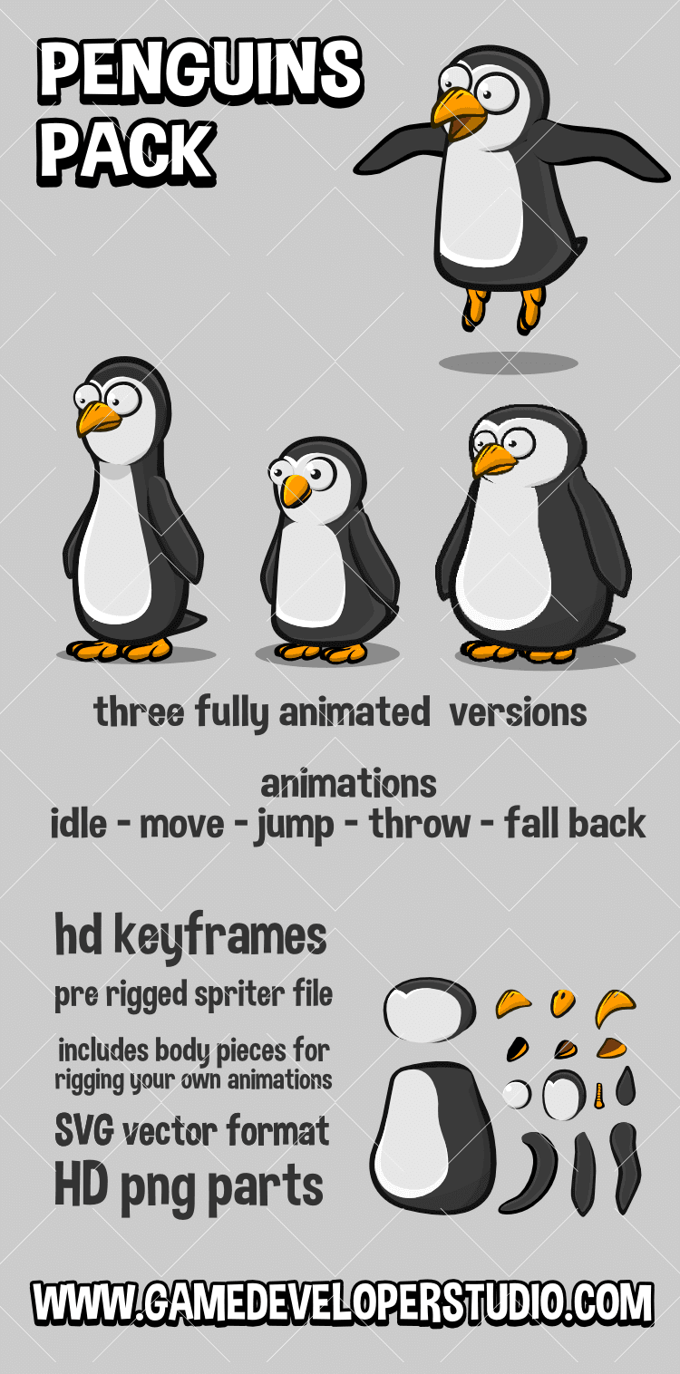 Three Animated penguin 2d game sprites