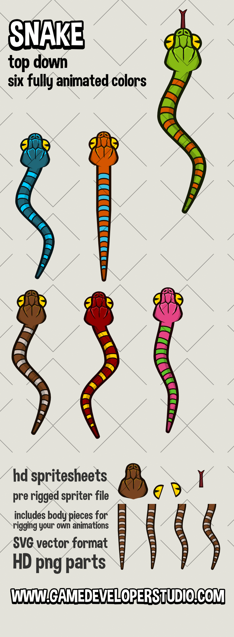 top down animated snake game asset